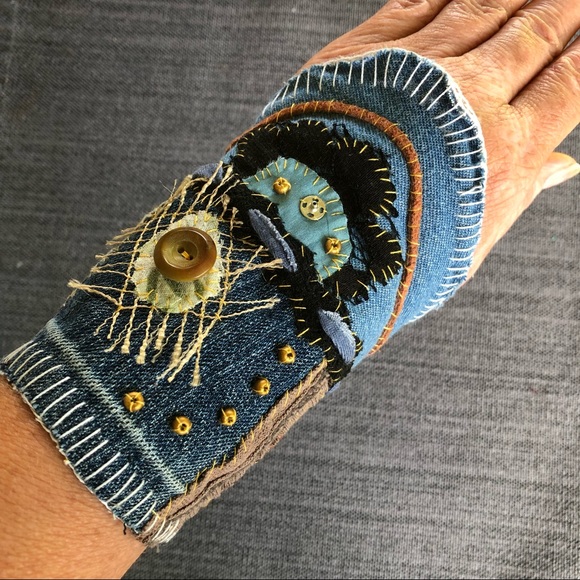 Handcrafted Jewelry - Handmade boho hippie festival repurposed denim patchwork wide cuff bracelet